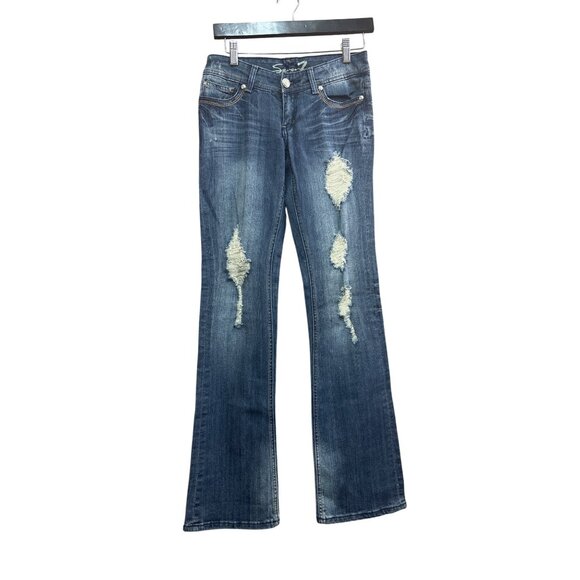 Seven7 Womens Bootcut Jeans Size 25 Distressed Denim with Rhinestone Pocket Acce - Picture 1 of 9